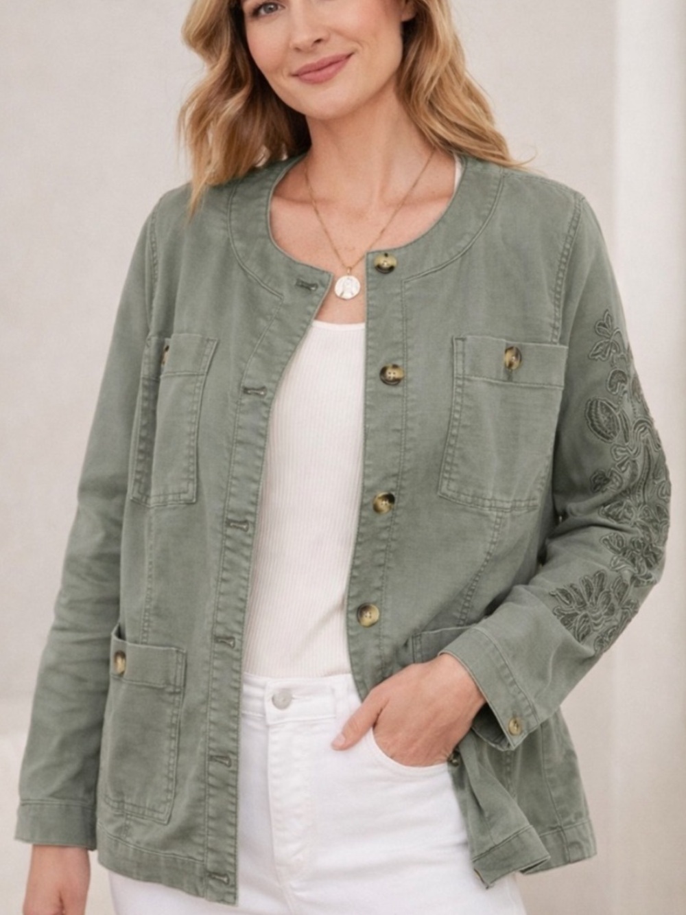 Soft Surroundings Women L Agave Green Embroidered Monterey Utility Jacket NWT